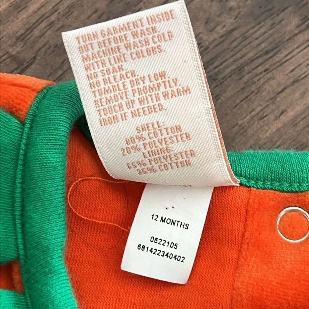 Osh Kosh Baby Orange Pumpkin Soft Fleece Snap One Piece with Hat- 12 months